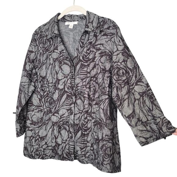 JM Collection Linen Jacket‎ Women's Size 10 Black Gray Dark Floral Button Front - Picture 1 of 14